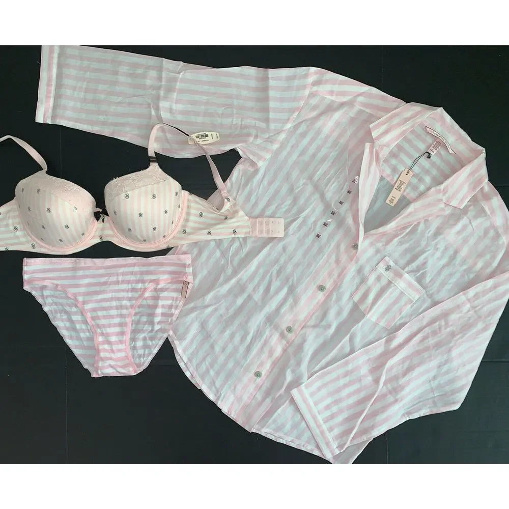Victoria's Secret 32DDD BRA SET panty+PJ SHIRT WHITE pink stripe signature BODY
